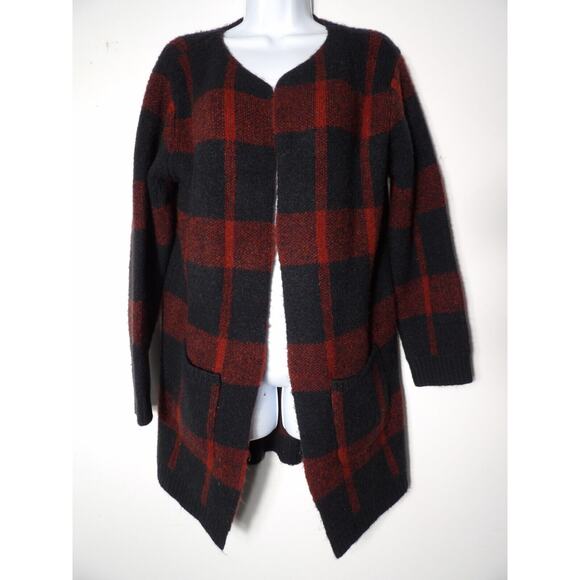 Dress Forum Cardigan Long Duster M/L Buffalo Plaid Red Black Duster Fuzzy Knit - Picture 2 of 11
